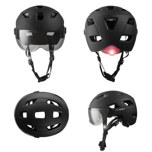 OAK E-Bike bicycle helmet with UV visor, LED lights, reflective straps, and Fidlock buckle