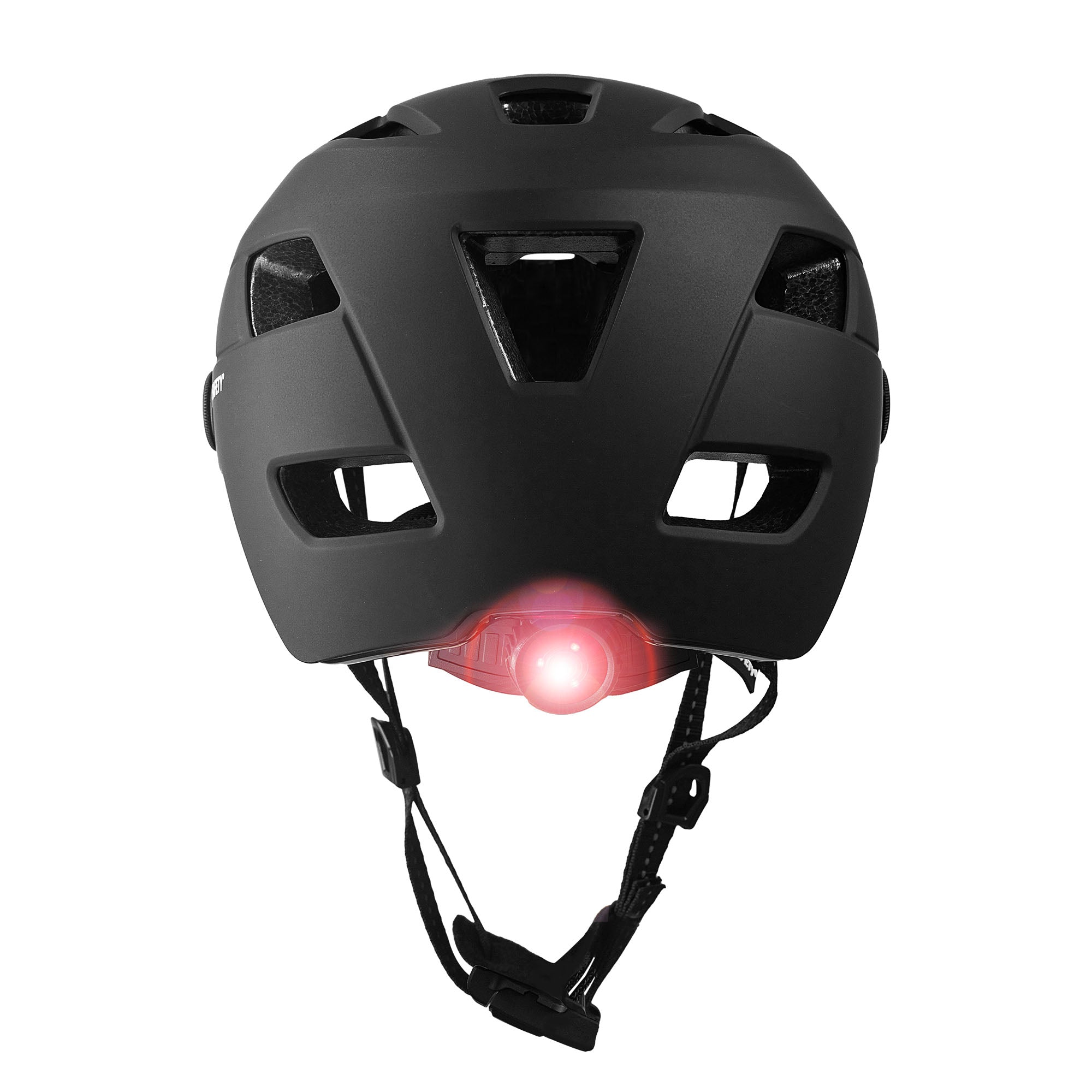 OAK E-Bike bicycle helmet with UV visor, LED lights, reflective straps, and Fidlock buckle