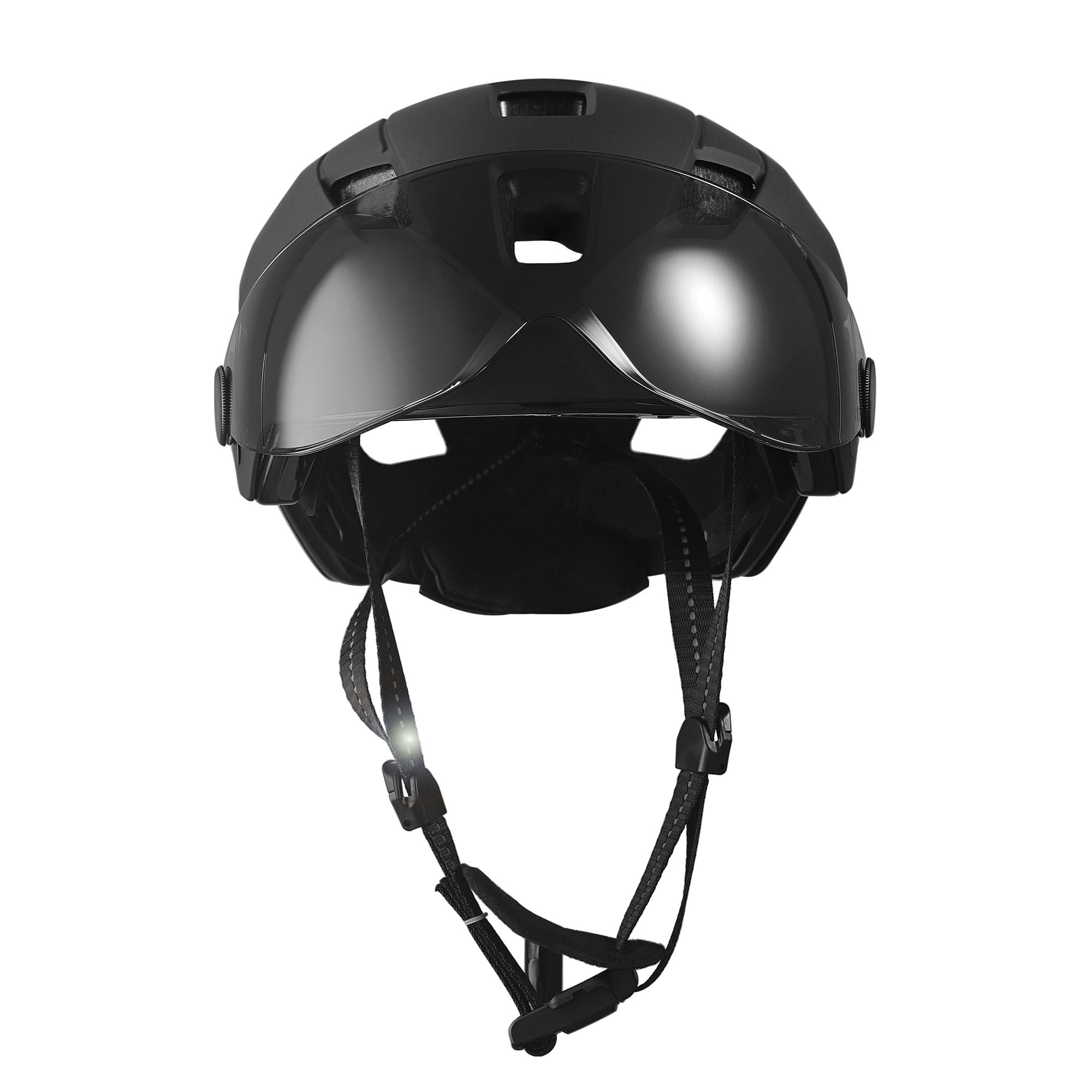 OAK E-Bike bicycle helmet with UV visor, LED lights, reflective straps, and Fidlock buckle