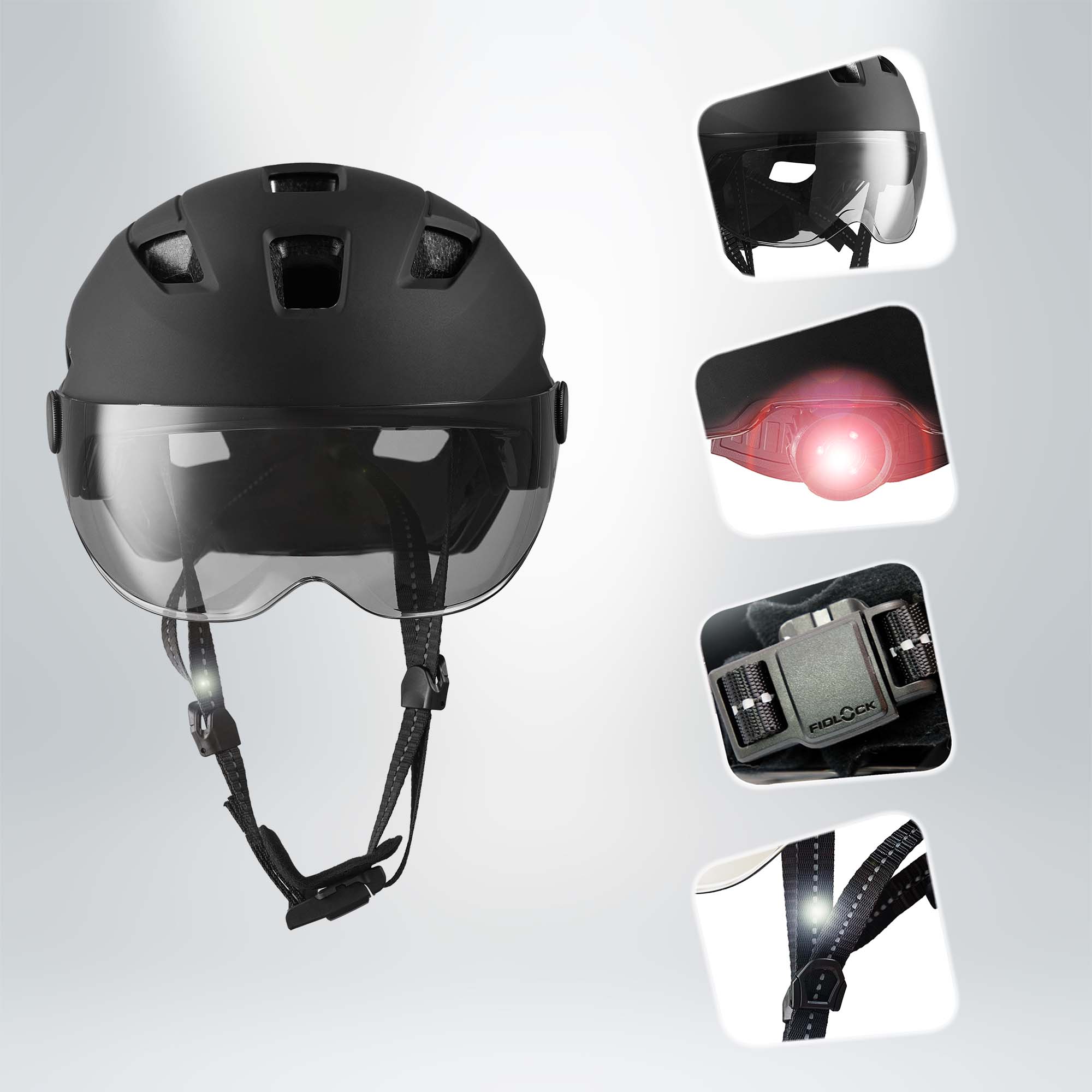 OAK E-Bike bicycle helmet with UV visor, LED lights, reflective straps, and Fidlock buckle