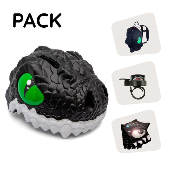 Product bundle: Black dragon bike helmet, dragon backpack, cycling gloves, and dragon ring bell for children