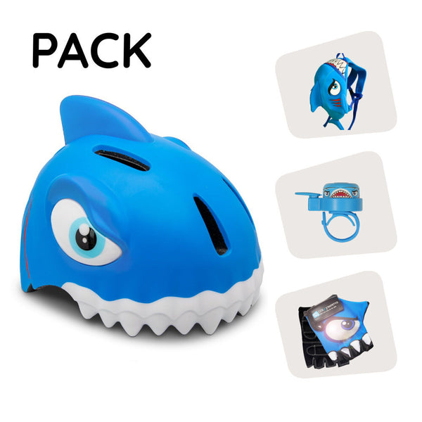 Product bundle: Blue shark bicycle helmet, backpack, cycling gloves & bell for children