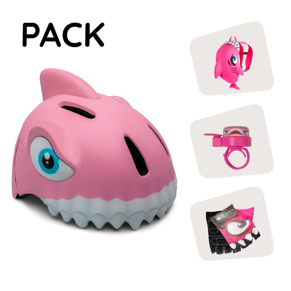 Product bundle: Pink Shark Bicycle Helmet, Shark Backpack, Shark Cycling Gloves, and Shark Ring Bell for Children