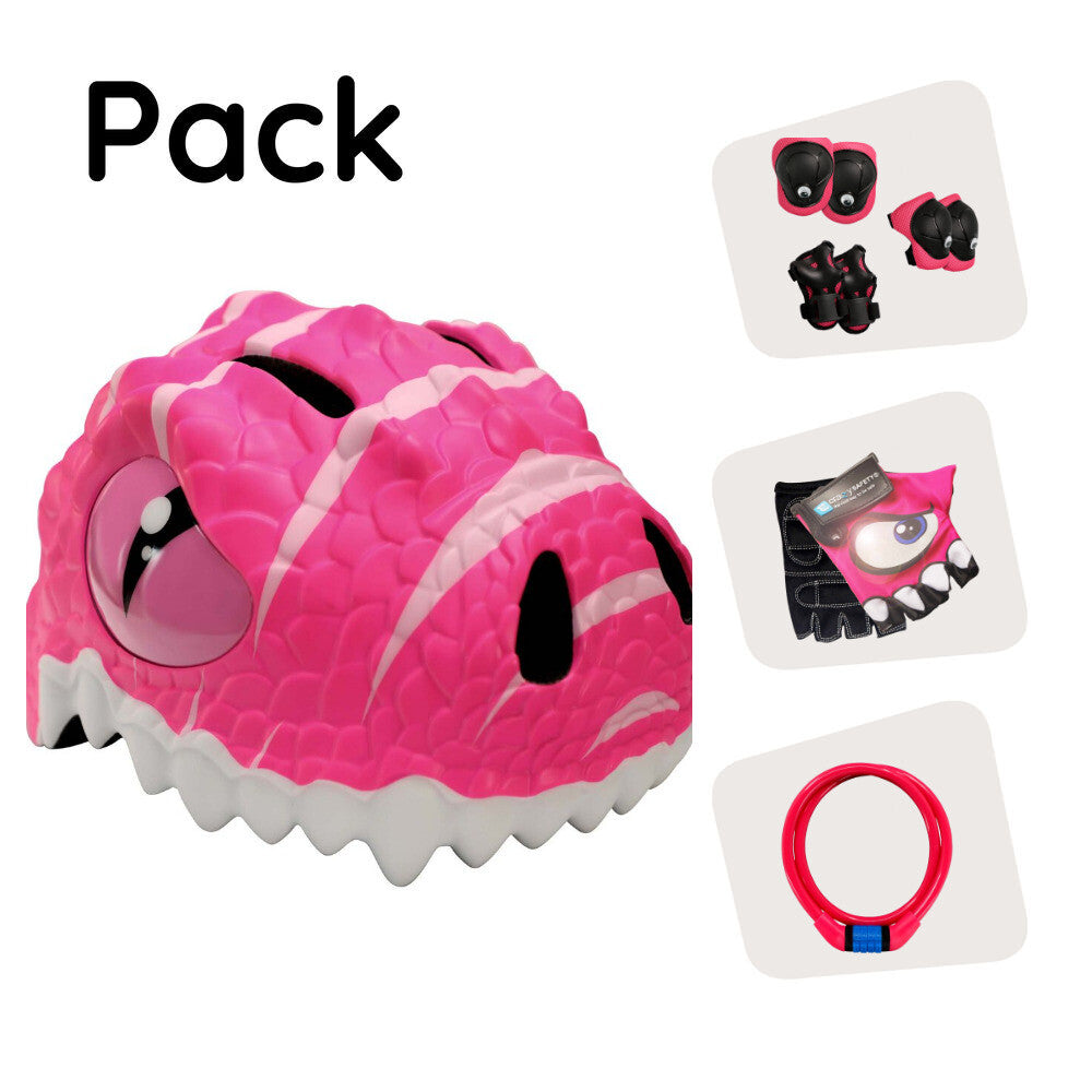 Product bundle: Pink dino bike helmet, protective gear, lock, and cycling gloves for kids.