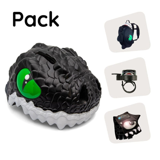 Crazy Safety Bicycle helmet Product bundle: Black dragon bike helmet, dragon backpack, cycling gloves, and dragon ring bell for children